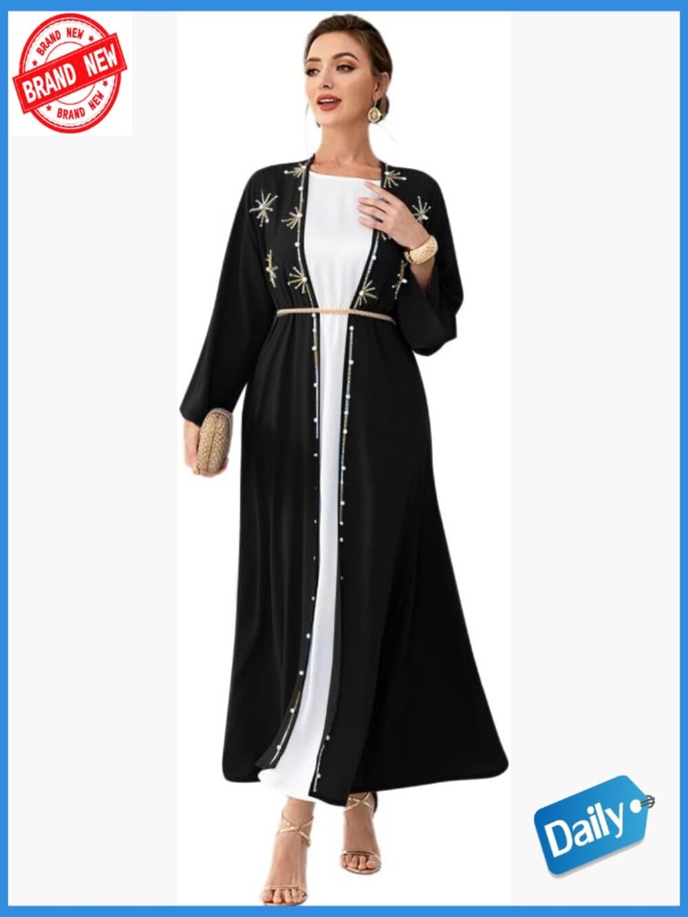 Open Front Maxi Cardigan Dress Rhinestone Applique Belt Abaya Kaftan Modest